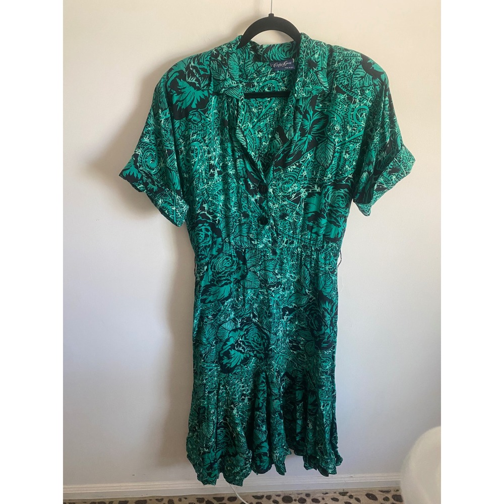 Cindy Lynn Vintage Green Black Botanical Paisley Ruffle Dress Made in USA 7-8